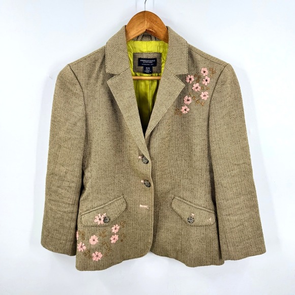 American Eagle Outfitters Jackets & Blazers - Vintage Y2K American Eagle Blazer Tan Herringbone Pink Floral Embroidered Size M